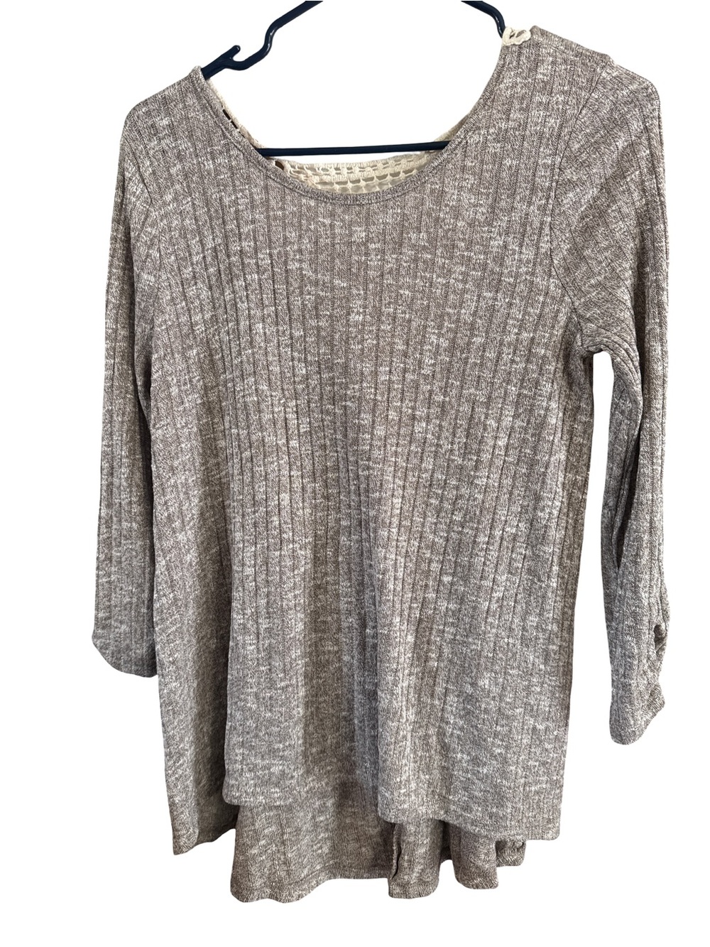 Almost Famous Heather Gray 3/4 Sleeve Crochet Back Swing Top